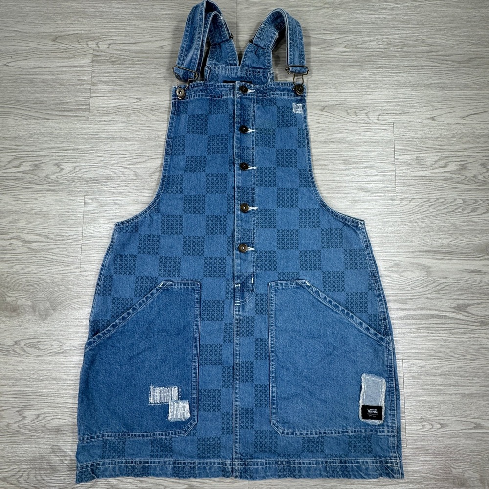 Vans Women Overall Pinafore Dress Blue Checkered Denim XL Distressed Patch Skirt
